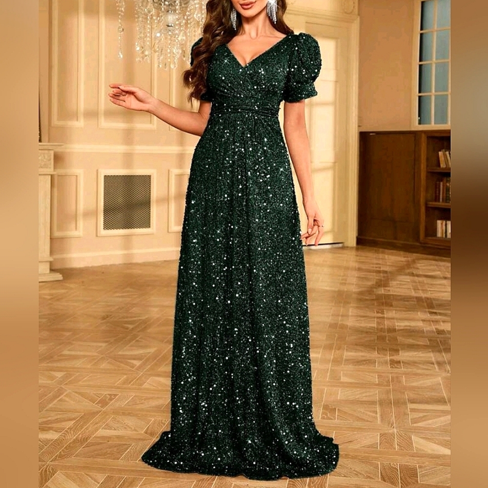 NEW Glam Sequin Ruched Top Puffed Short Sleeve Maxi Gown Dress Dark Green - Picture 3 of 9